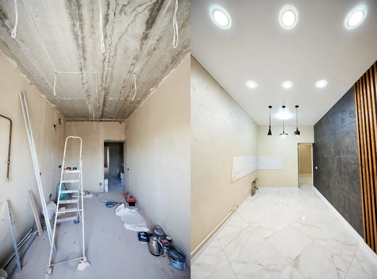 Room during works next to the same room after renovation