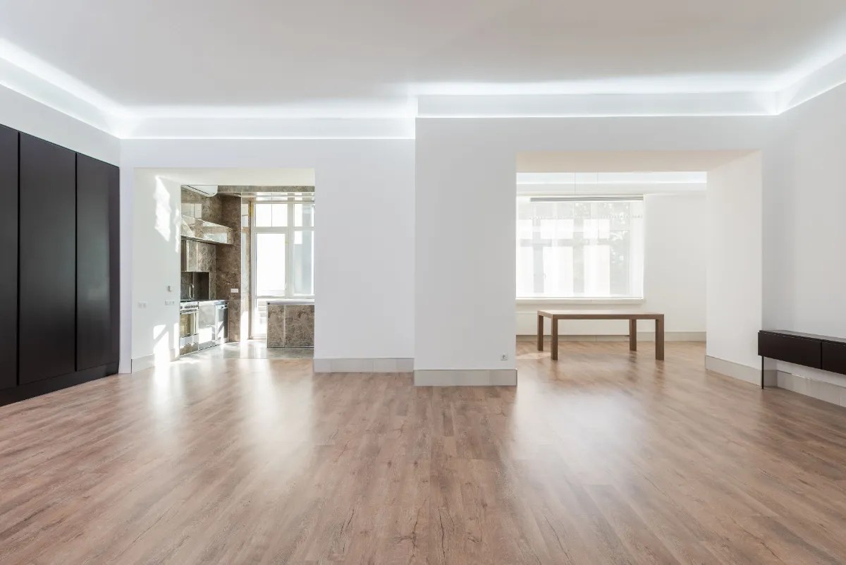 Open-plan apartment after renovation, unfurnished