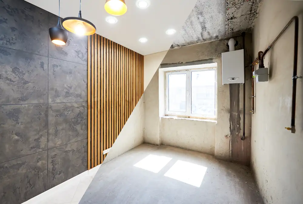 Room shown half as bare concrete and half after renovation